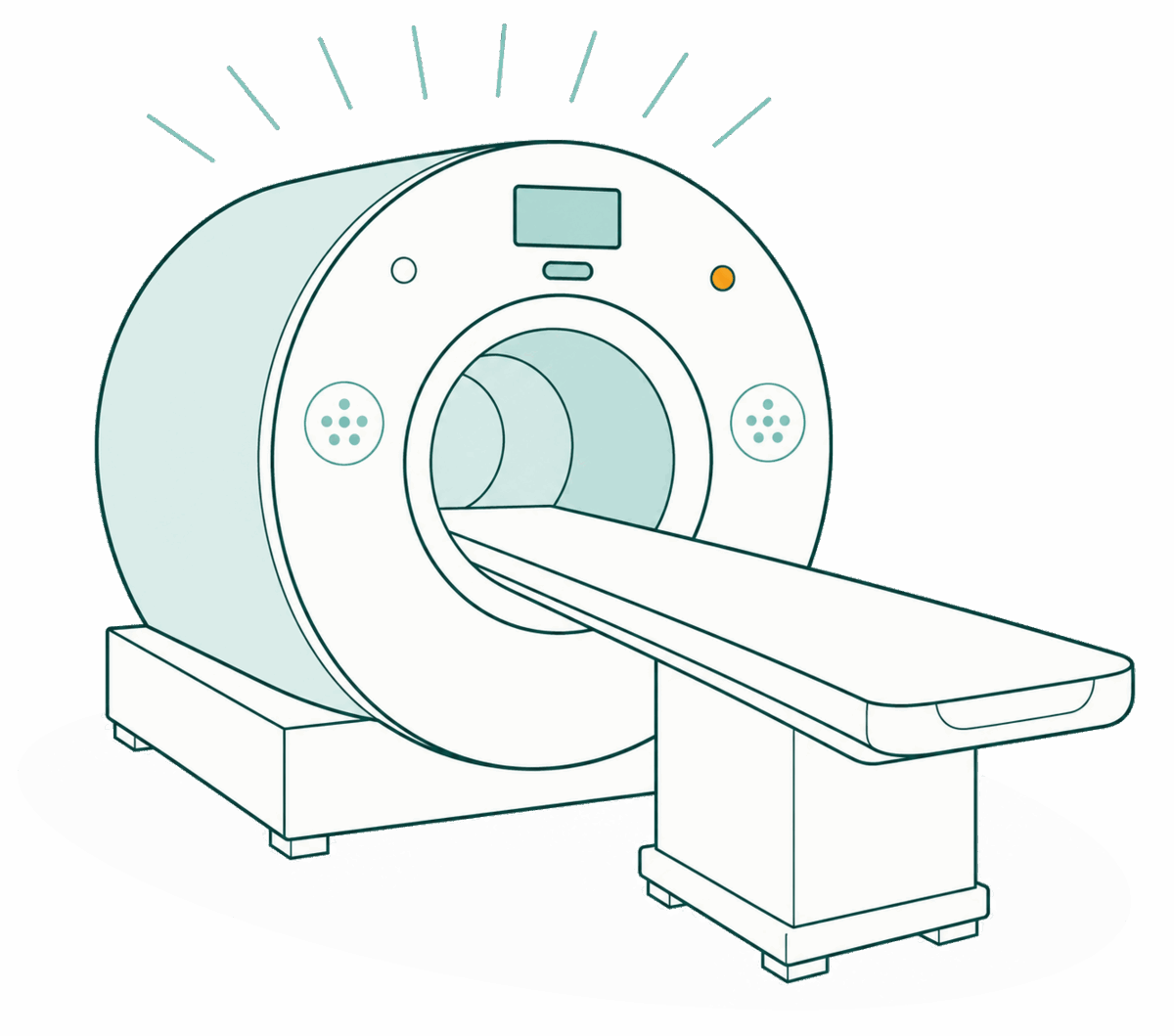 Whole-body MRI scanner seen head-on, its patient table extended toward the viewer